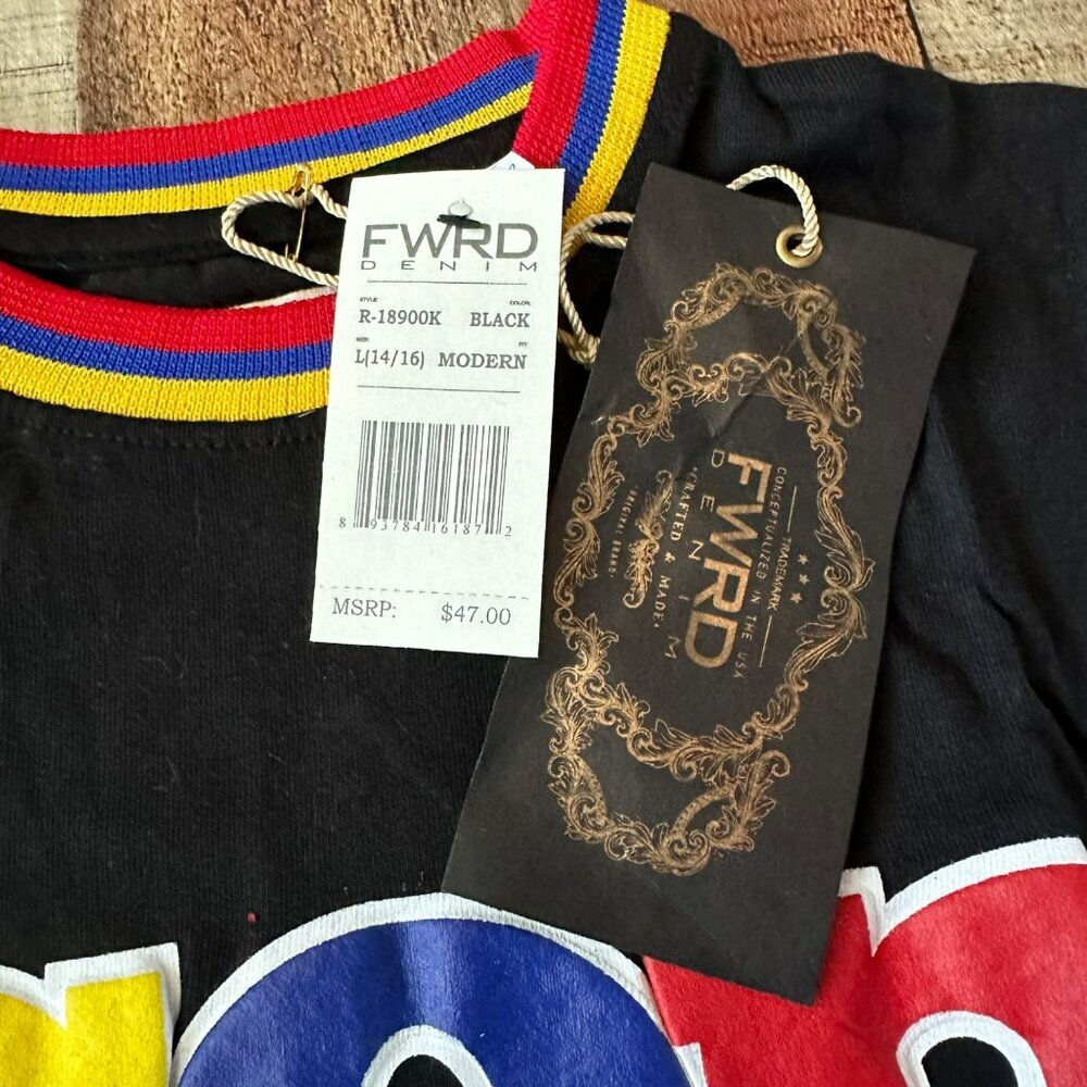 Fwrd Denim Black "Icon" Graphic T-Shirt L Colorful Trim Crew Neck Short Sleeve — image 4 of 7
